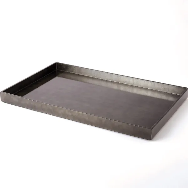 Fashion Marie Dumas Large Rectangular Lacquered Metallic Grey Tray