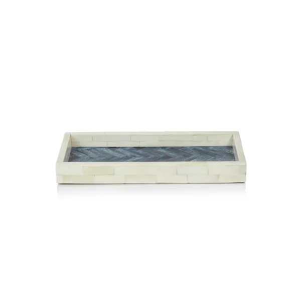 Outlet Marie Dumas Small Bone and Blue Herringbone Rectangular Tray