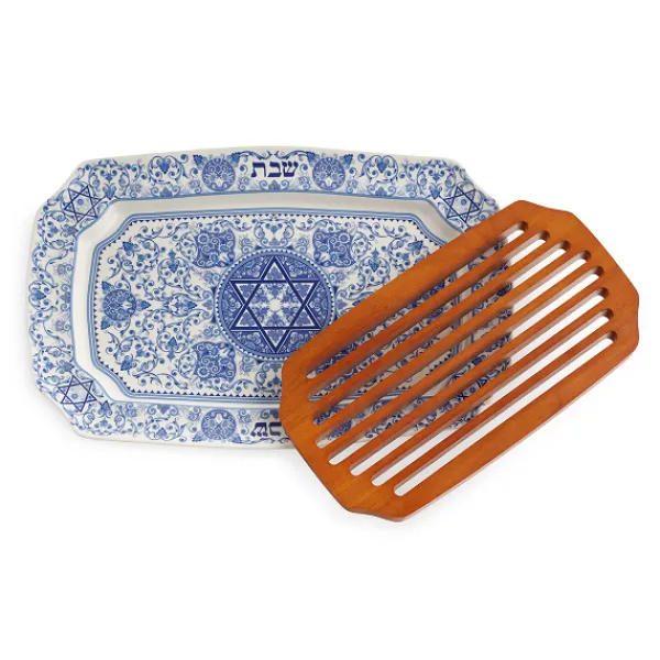 Cheap Marie Dumas Spode Blue Italian Challah Tray with Wood Insert